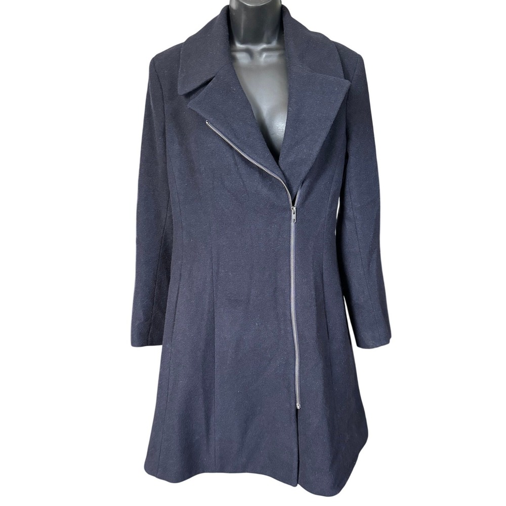 Navy Blue Long Wool Fit and Flare Coat Sz 10 Asymmetric Zip Structured Fit